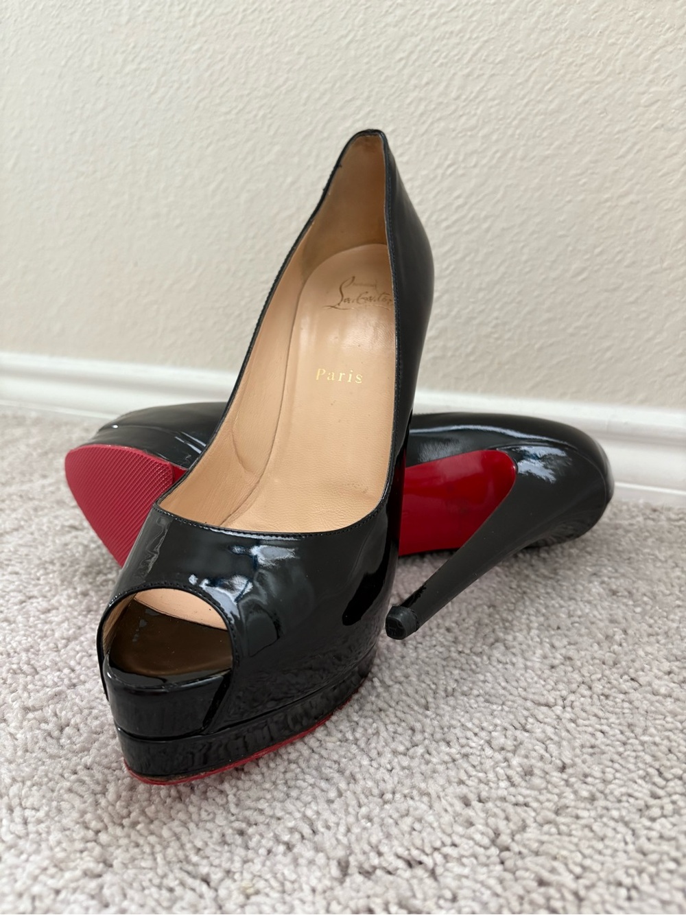 Christian Louboutin Black Patent Peep-Toe Platform Pumps Red Bottoms